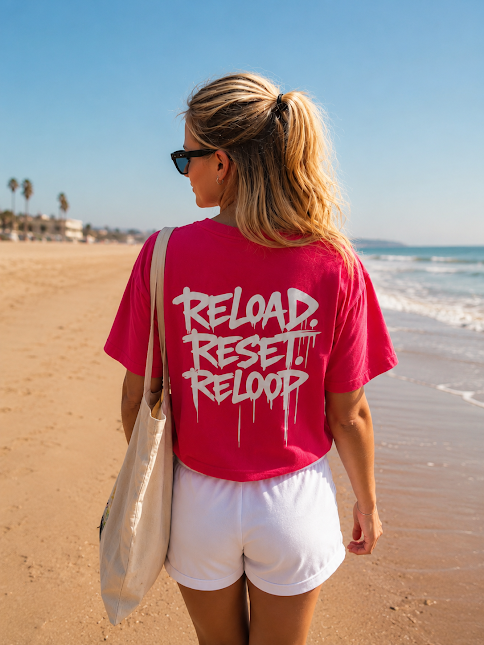 T-shirt Streetwear RW Couleur Fuchsia - Reload Reset Reloop. Fabrication à la demande. Livraison estimée 7 à 10 jours.